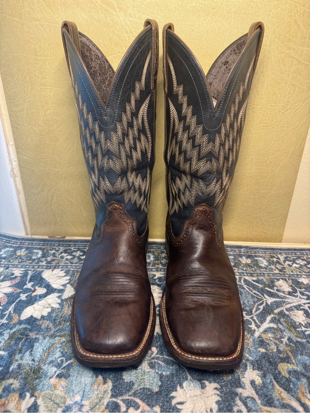 Ariat Men's Brown Leather Western Boots with Blue Patterned Shaft
